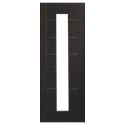 Dark wooden door with a rectangular glass panel on a white background