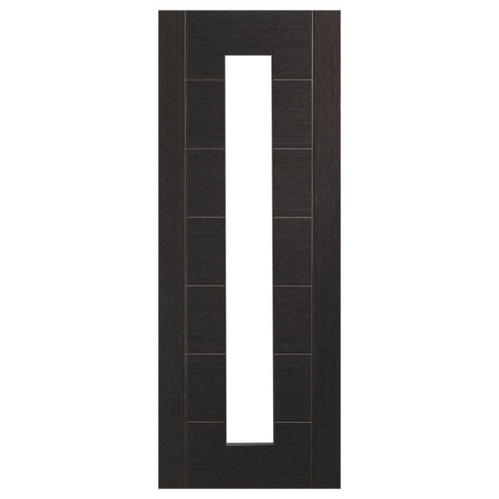 Dark wooden door with a rectangular glass panel on a white background