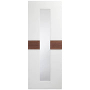 White door with two wooden panels on a white background