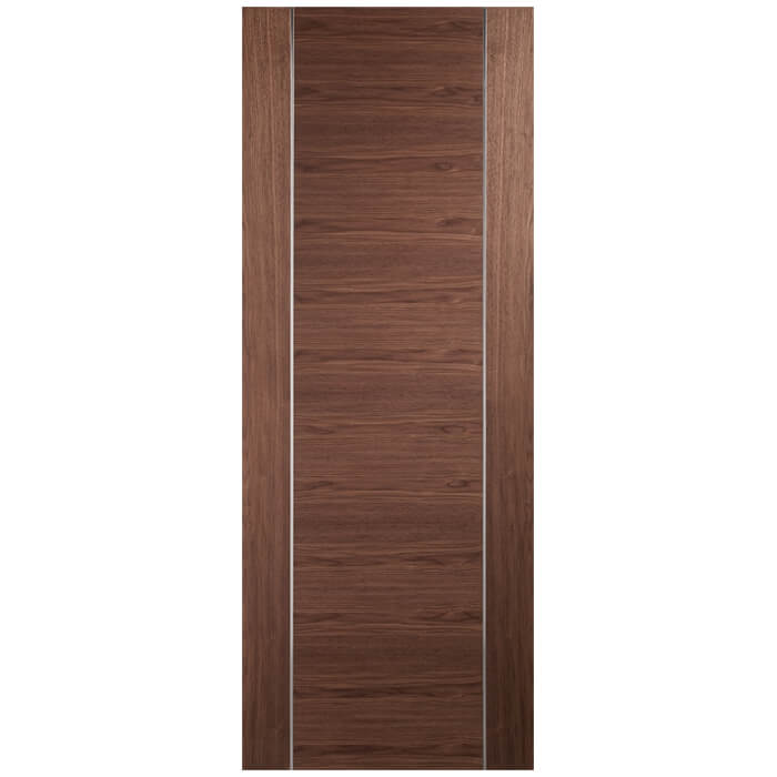 Wooden door with a dark brown finish on a white background