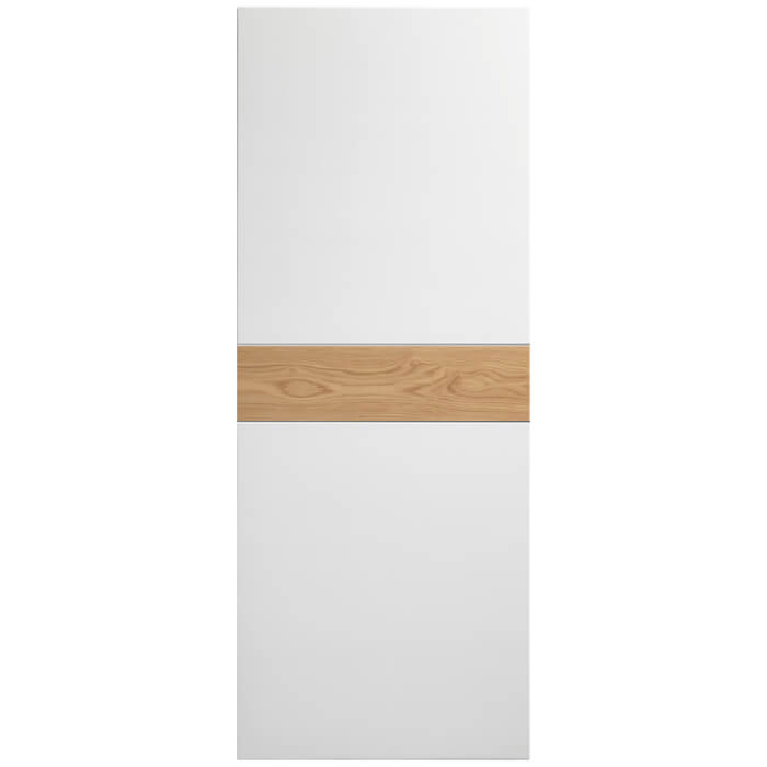 White cabinet door with a wooden top panel on a white background