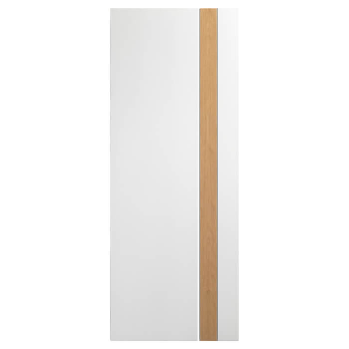 White cabinet door with a wooden strip on a white background