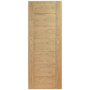 Wooden door with a vertical slat design on a white background
