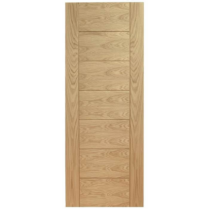Wooden door with a vertical slat design on a white background
