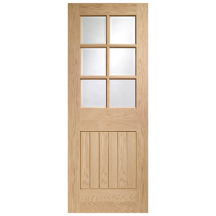 Wooden door with six glass panels on a white background