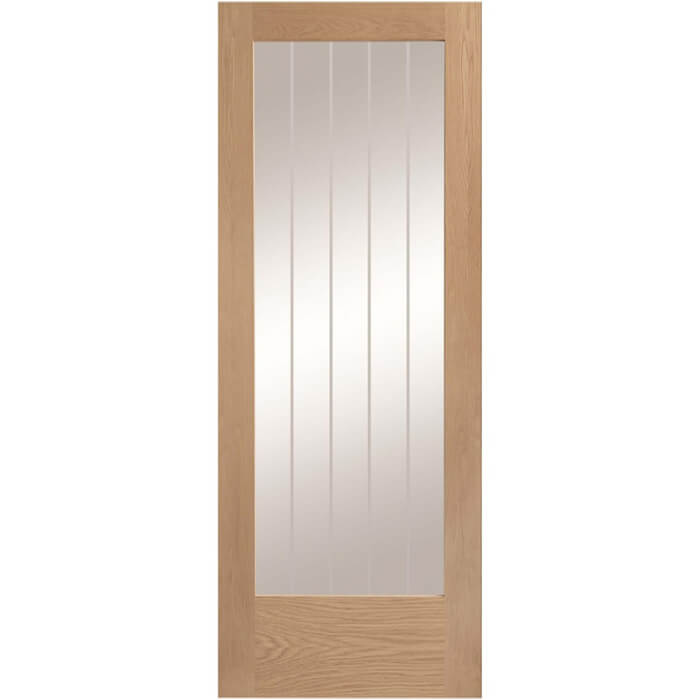 Wooden door with glass panel on a white background