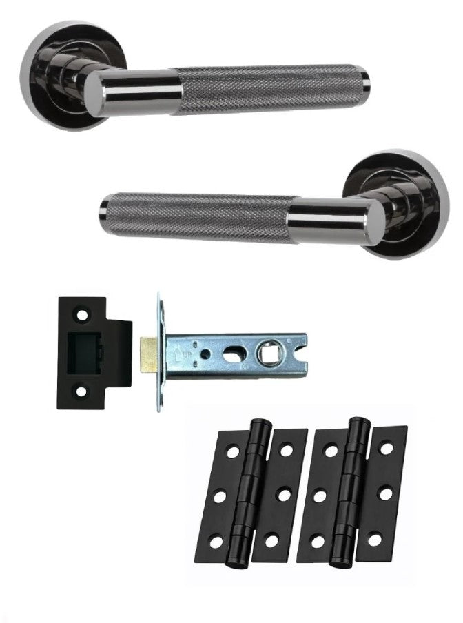 MARINO KNURLED DOOR HANDLE ON ROSE – LATCH PACK – BLACK NICKEL