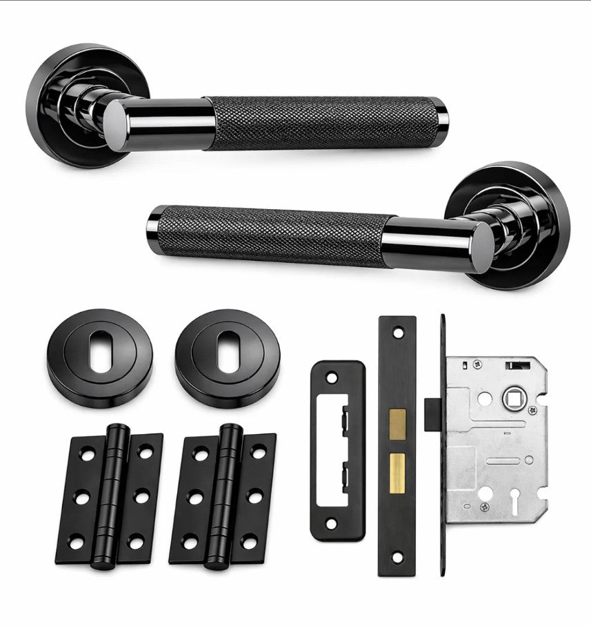 MARINO KNURLED DOOR HANDLE ON ROSE – LOCK PACK – BLACK NICKEL