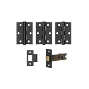 Set of black door hinges and a deadbolt on a white background
