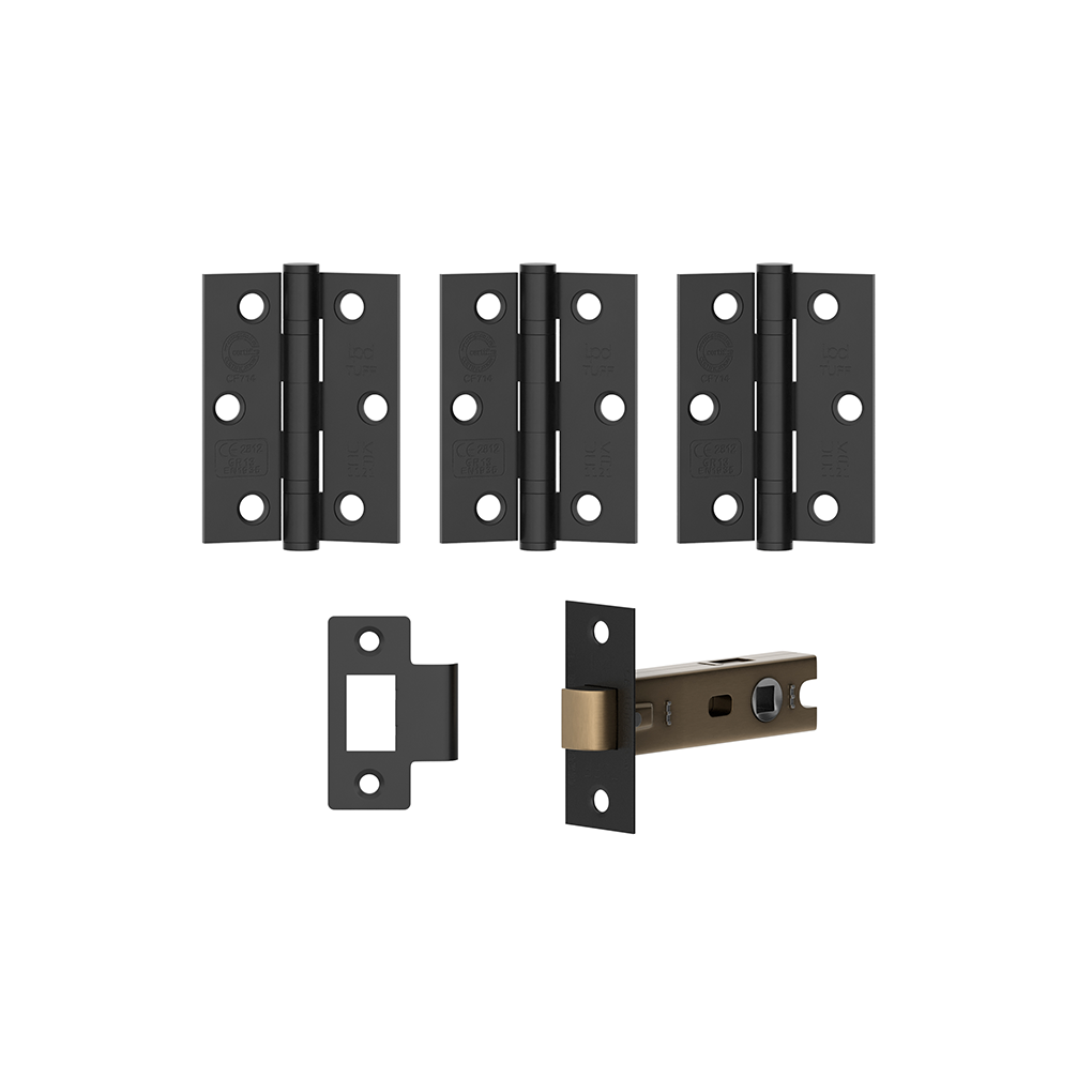 Set of black door hinges and a deadbolt on a white background