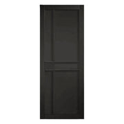 Black wooden panelled interior door on white background