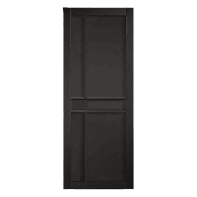 Black wooden panelled interior door on white background