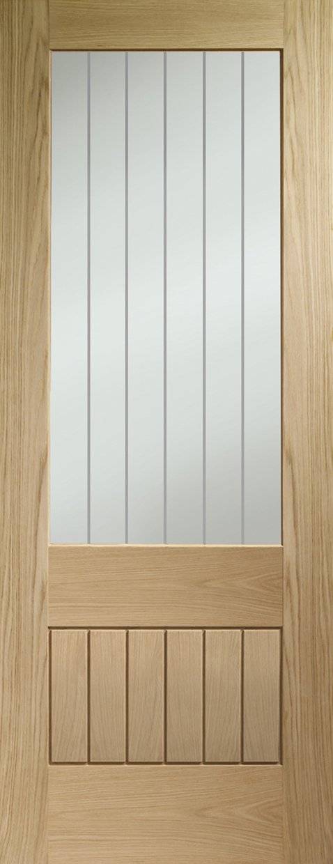 Wooden door with glass panel and horizontal slats