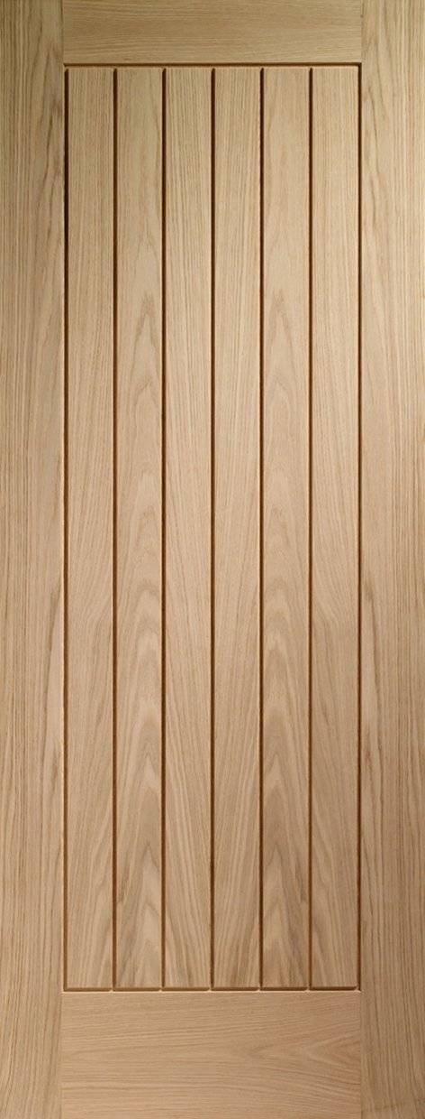 Wooden door with vertical slats on a plain background
