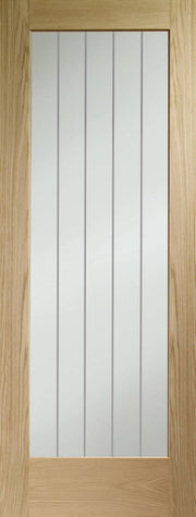 Wooden door with a glass panel featuring vertical lines