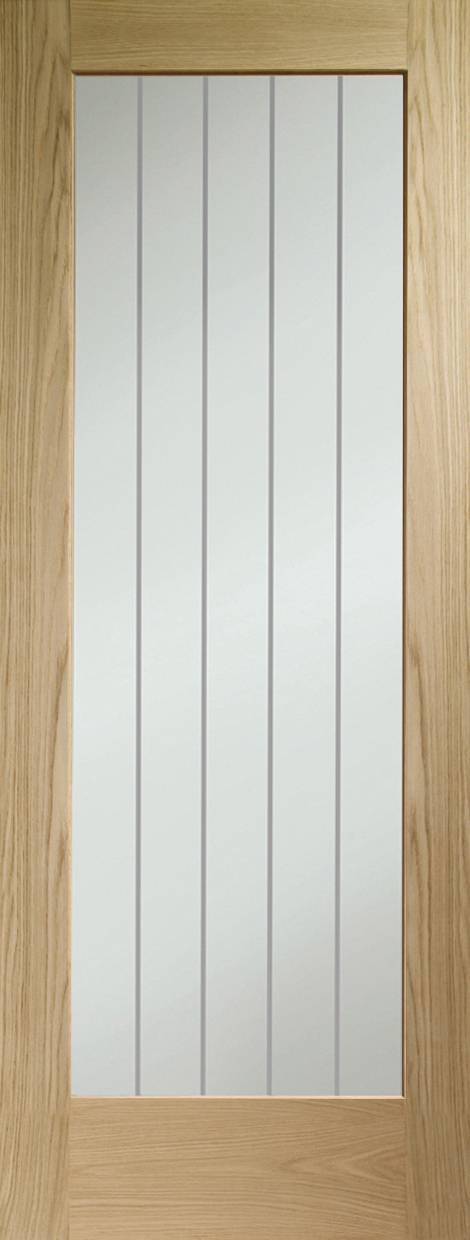Wooden door with a glass panel featuring vertical lines