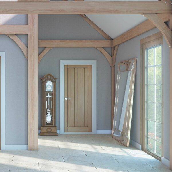 Modern interior with wooden beams, a grandfather clock, and a large mirror.