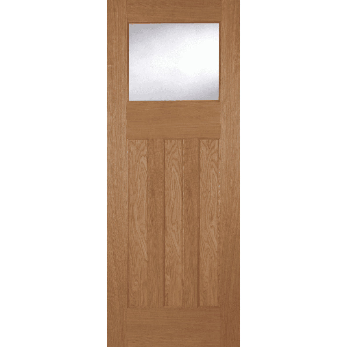 Wooden door with a single pane of glass on a white background