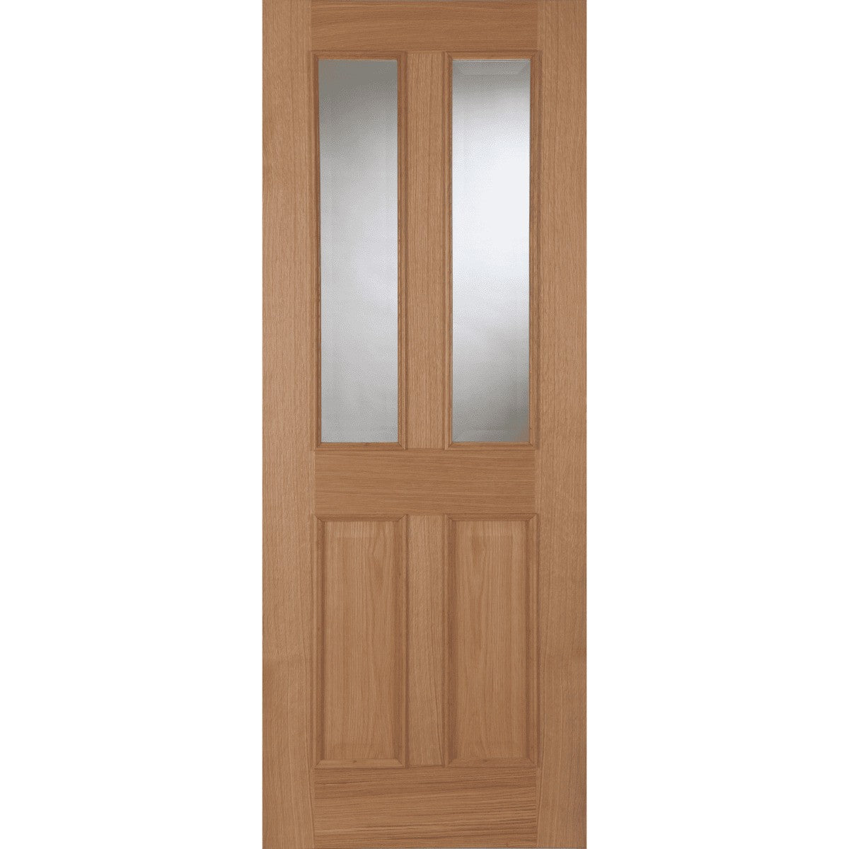 Wooden door with two glass panels on a white background