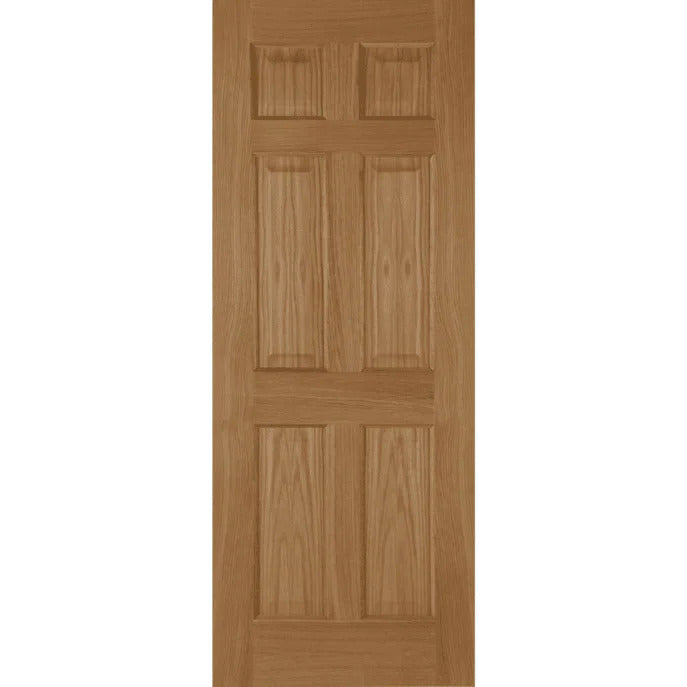 Wooden door with a six-panel design on a white background