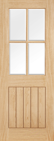 Wooden door with glass panels and horizontal slats
