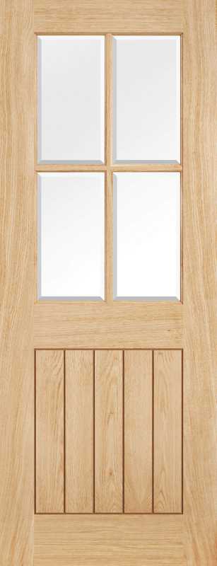 Wooden door with glass panels and horizontal slats