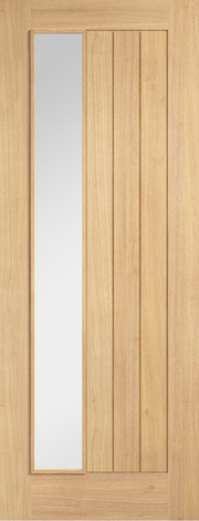 Wooden door with a glass panel on a wooden background