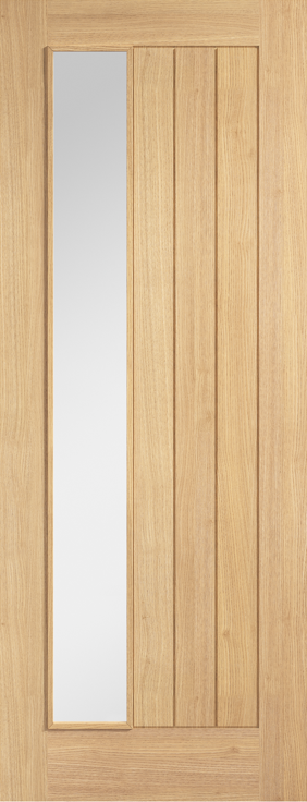 Wooden door with a glass panel on a wooden background