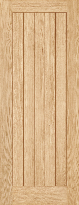 Wooden door with vertical slats on a beige background