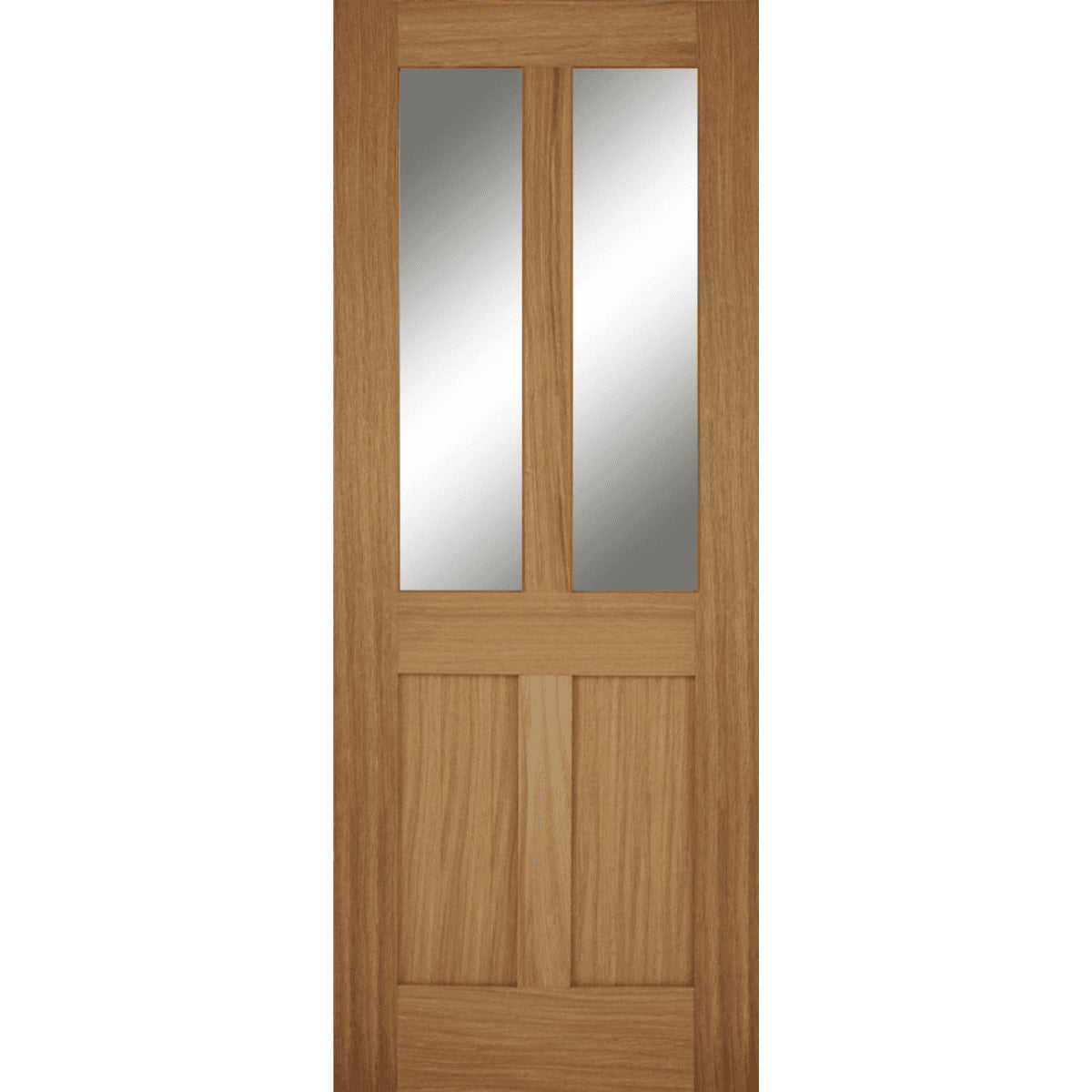 Wooden door with two glass panels on a white background