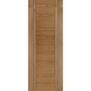 Wooden door with a vertical slat design on a white background