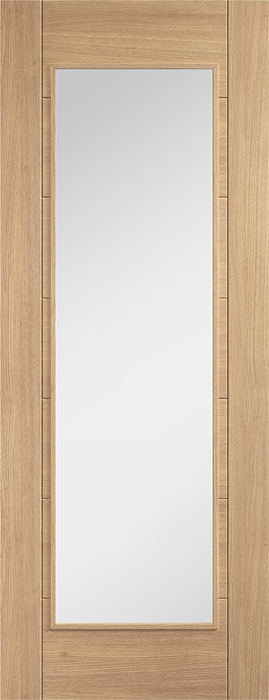 Wooden door with a glass panel on a white background