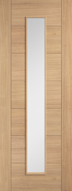 Wooden door with a vertical glass panel