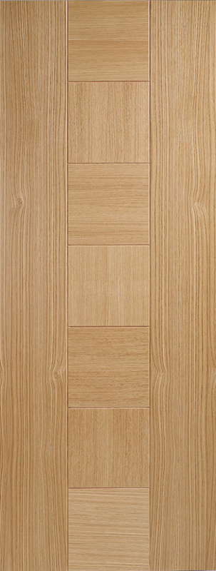 Oak Catalonia internal fire door with vertical central panel of eight horizontal oak segments, contrasting wood grain frame, prefinished for modern interiors and FD30 fire safety.