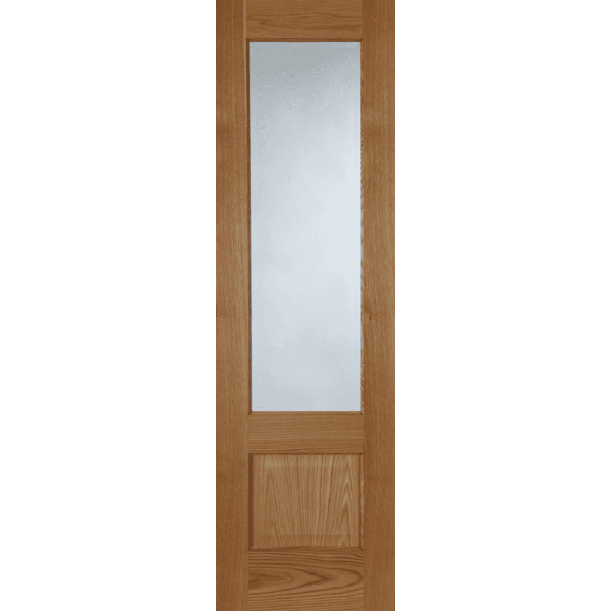 Wooden door with a single glass panel on a white background