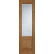 Wooden door with a single glass panel on a white background