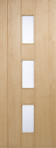 Oak wood door with four rectangular glass panels on a wooden background