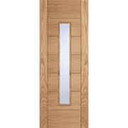Wooden door with a single vertical glass panel on a white background