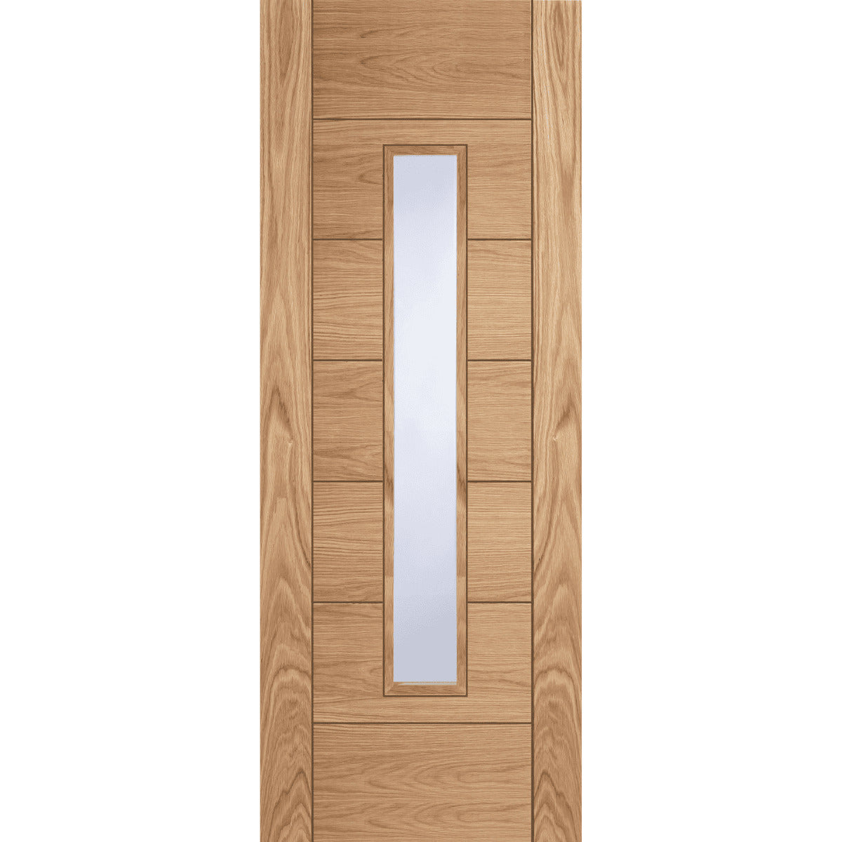 Wooden door with a single vertical glass panel on a white background