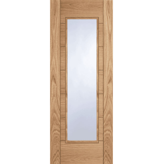 Wooden door with a glass panel on a white background