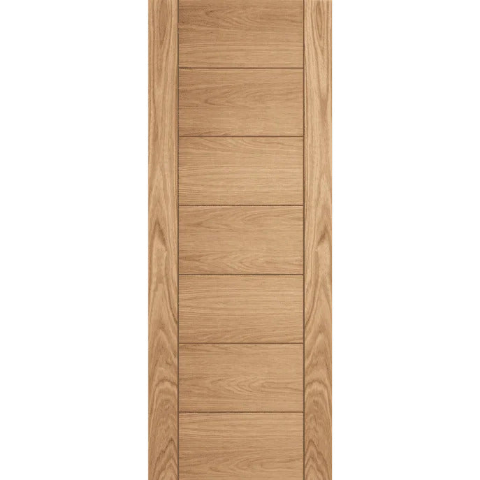 Wooden door with horizontal slats on a white background