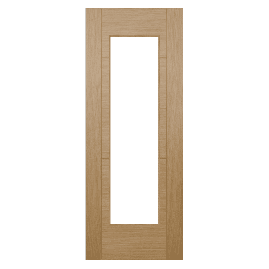 Wooden door with a glass panel on a white background