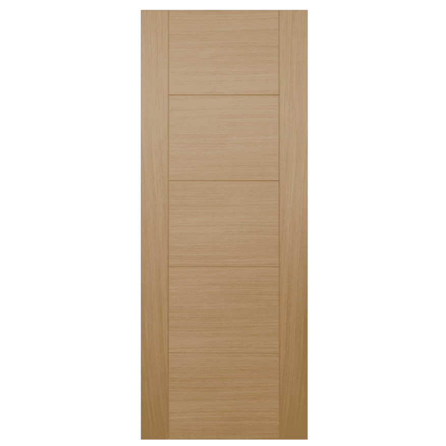 Wooden door with horizontal slats on a white background