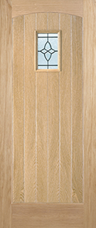 Wooden door with a glass panel featuring a decorative pattern