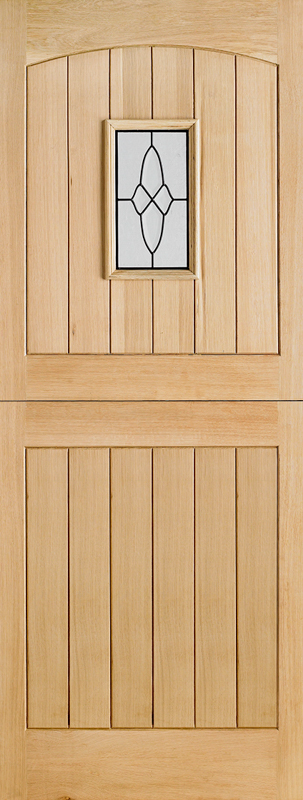 Oak wood cottage door with a glass panel and vertical slats