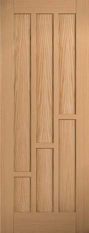 Oak Coventry internal door with stepped vertical and horizontal panel layout, unfinished light oak surface with natural wood grain, designed for rustic and contemporary interiors.