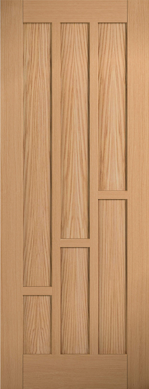 Oak Coventry internal door with stepped vertical and horizontal panel layout, unfinished light oak surface with natural wood grain, designed for rustic and contemporary interiors.