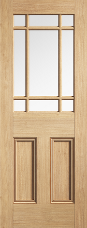 Wooden door with glass panels and two rectangular panels below