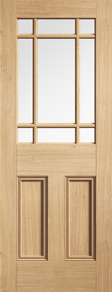 Wooden door with glass panels and two rectangular panels below