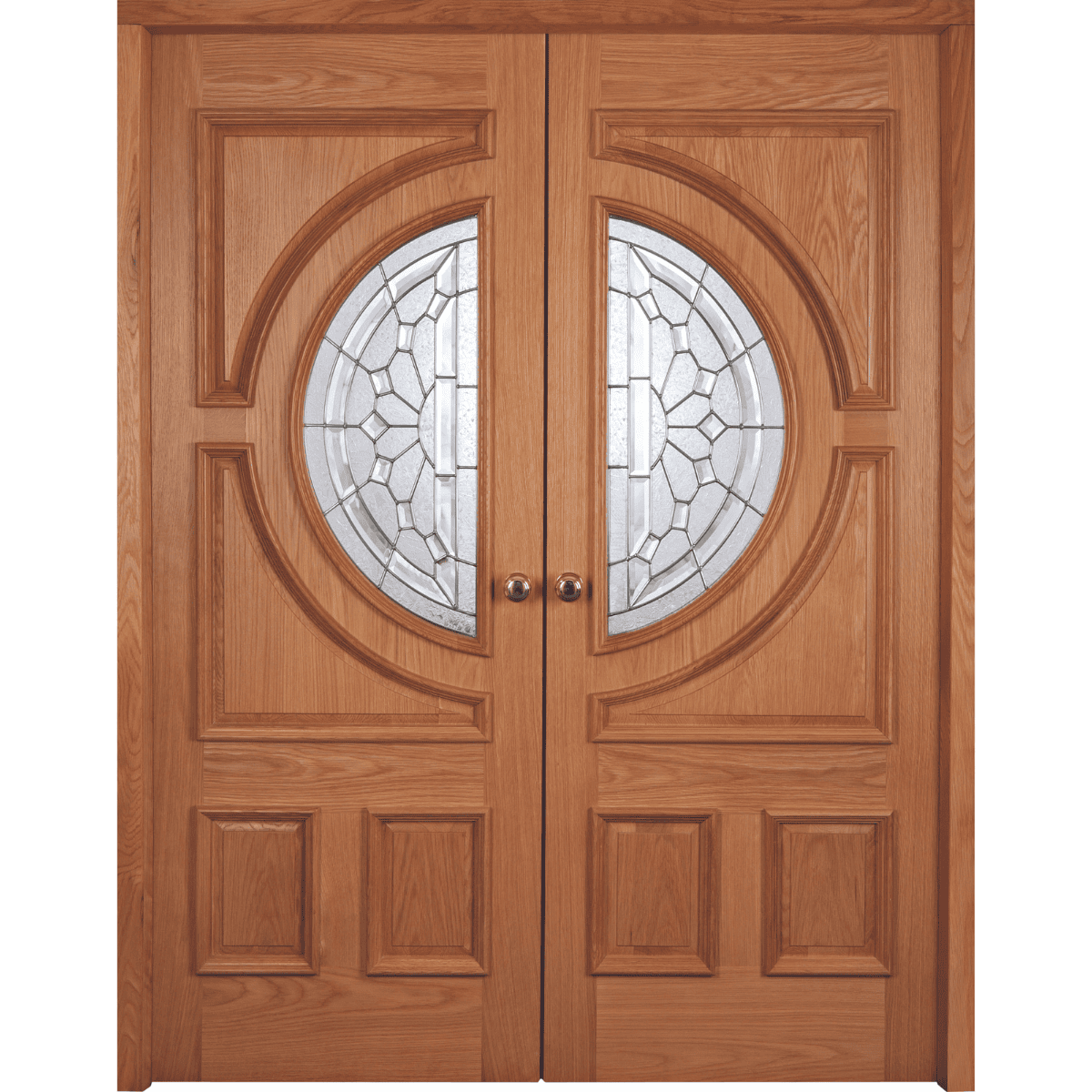 Wooden double door with decorative glass panels on a transparent background